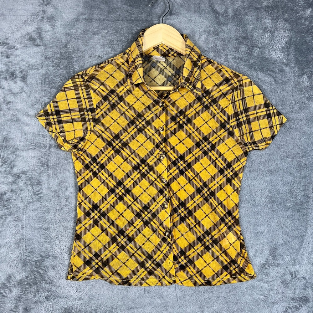 No Boundaries Shirt Women M 7/9 Black Yellow Plaid Semi Sheer Button Up Bohemian